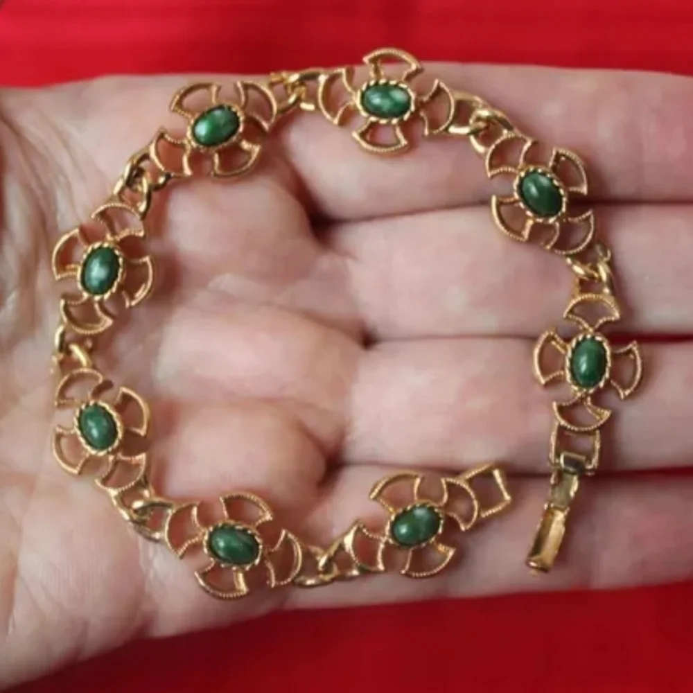 Vintage Avon 1973 Green Stone Faux Jade Bracelet, Baroness Cross